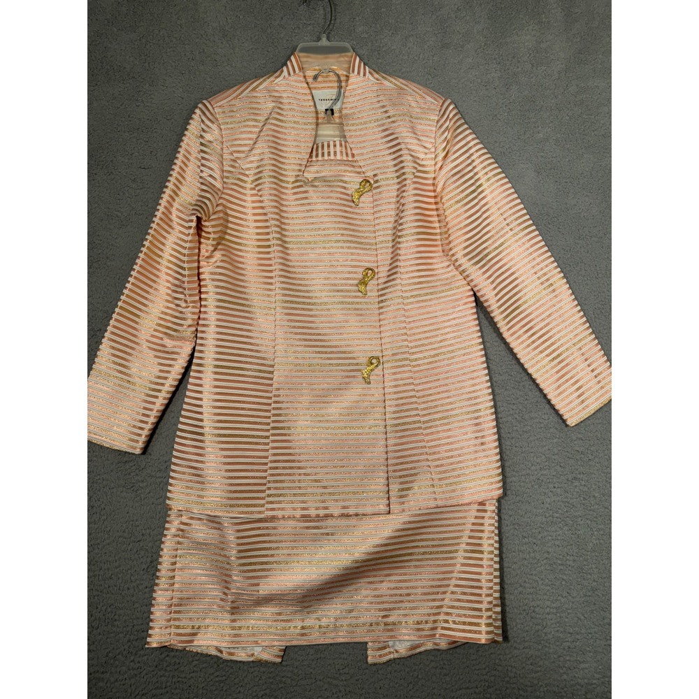 Terramina Womens Peach Gold Metallic Striped Skirt Suit Set Size 14 Vintage